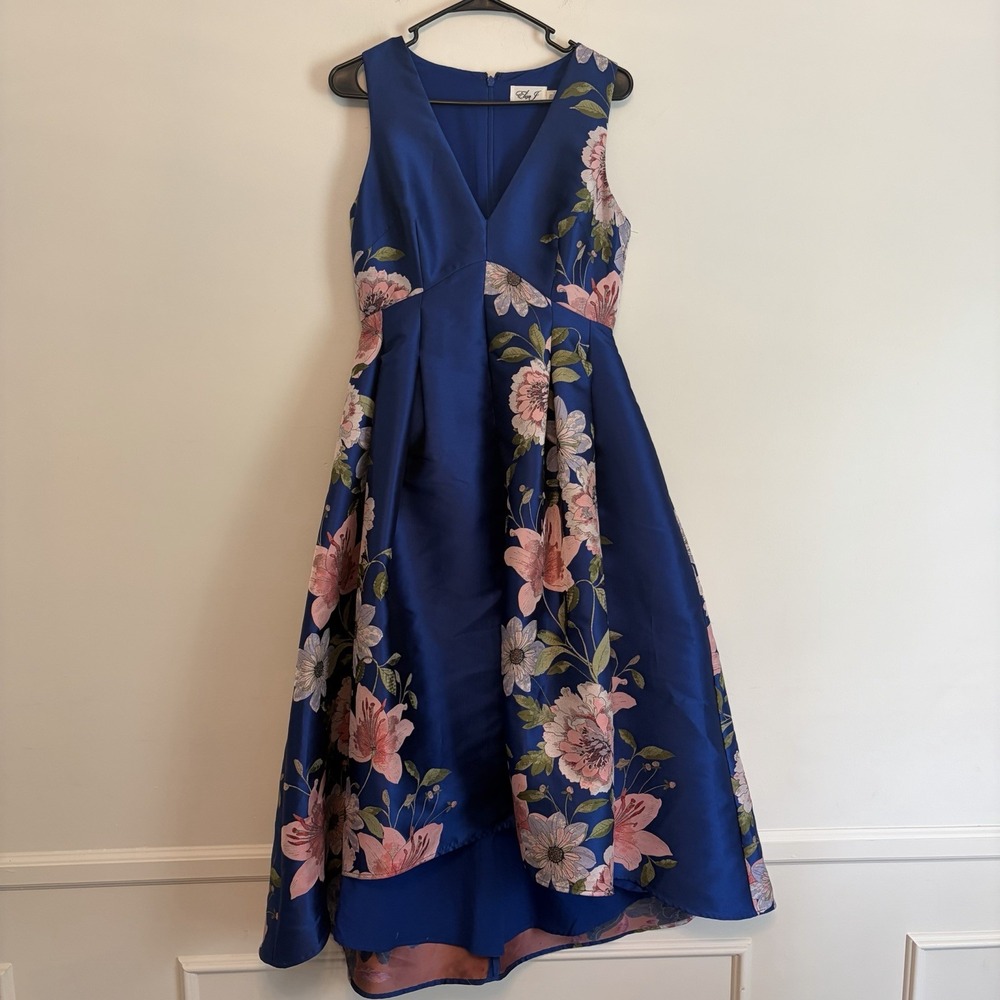 Eliza J Blue Floral Print Satin Twill High/Low Fit & Flare Dress Sz 6 Formal